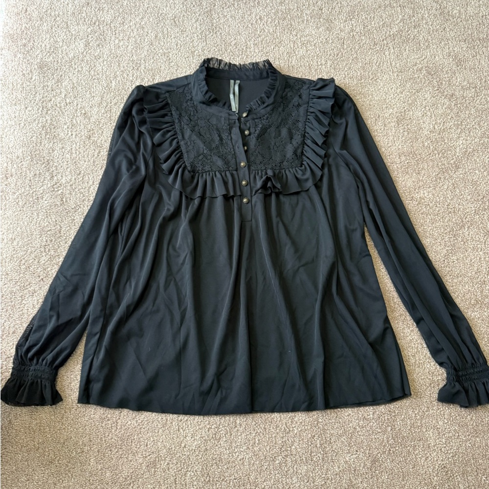 Anthropologie Black Ruffle Button Blouse